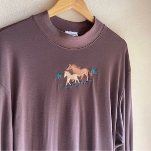 Vintage Bon Worth Long Jersey Knit Tunic Top. Wild Horses Embroidered Detail. XL